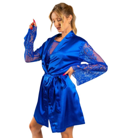 Szlafrok damski satynowy z koronkowymi rękawami Indigo XL rozmiar: XL  kolor: Niebieski